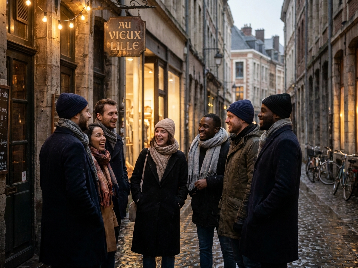 Groupe d'amis adultes devant un bar du Vieux-Lille la nuit, ambiance nocturne animée sur pavés mouillés