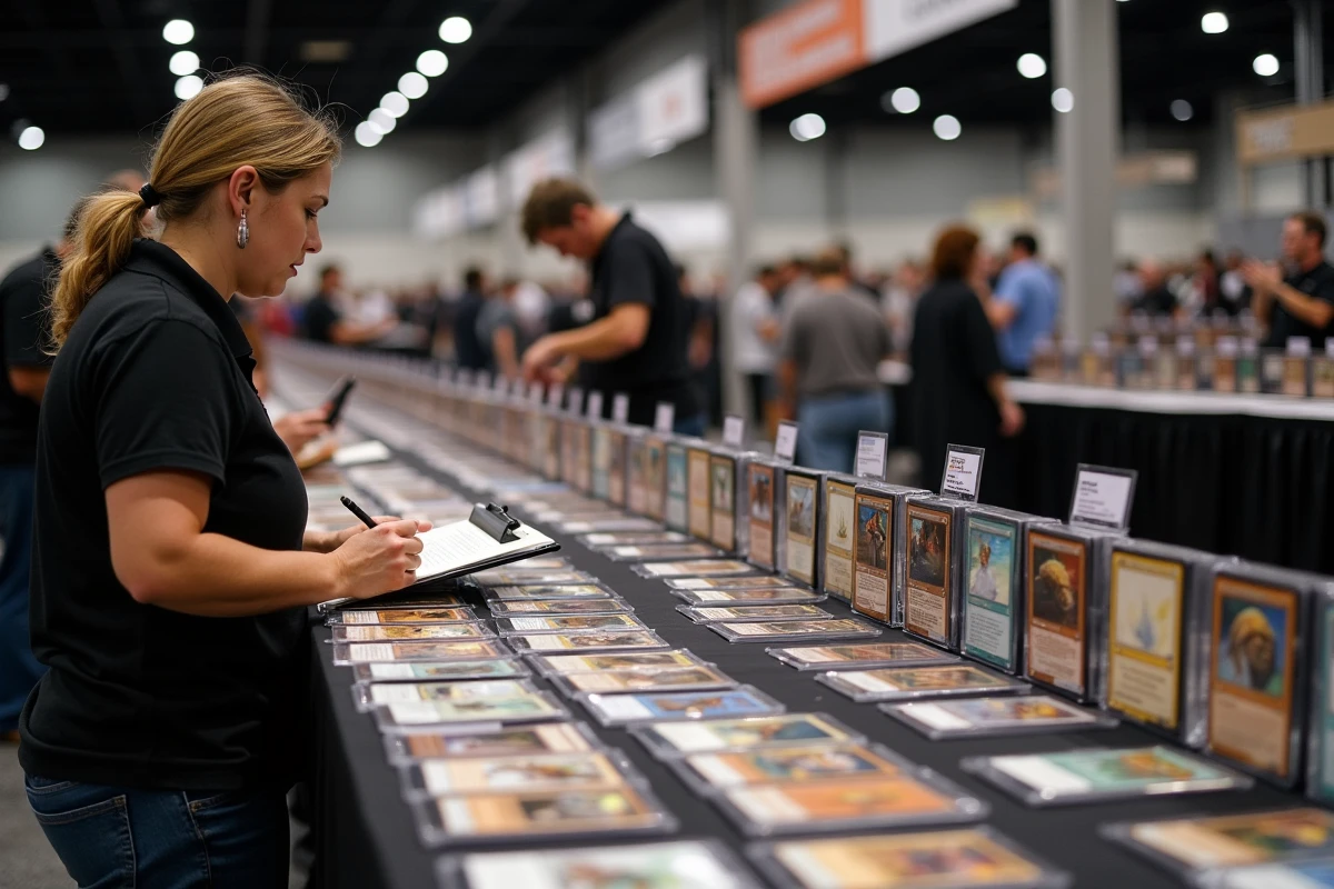 Stand de vente de cartes Magic the Gathering dans un salon de jeux de cartes avec prix affichés