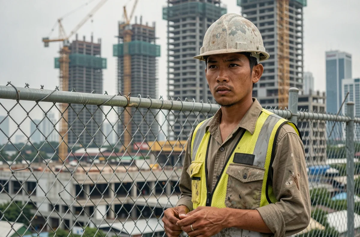 Travailleur migrant étranger sur un chantier de construction à Bangkok, représentant le rôle crucial de la main-d'œuvre étrangère dans la croissance urbaine et économique de la capitale thaïlandaise