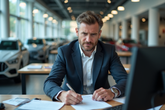 Vendeur de voitures stressé dans son bureau moderne