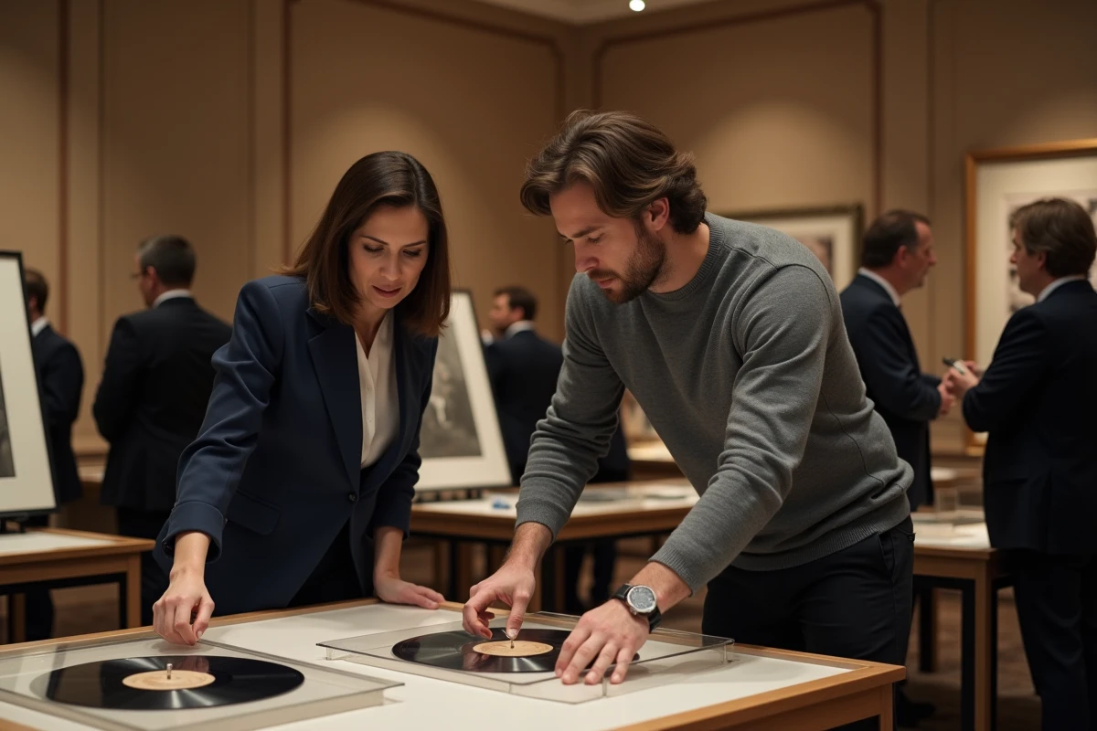 Experts examinant un vinyle rare sous protection lors d'une vente aux enchères de disques de collection