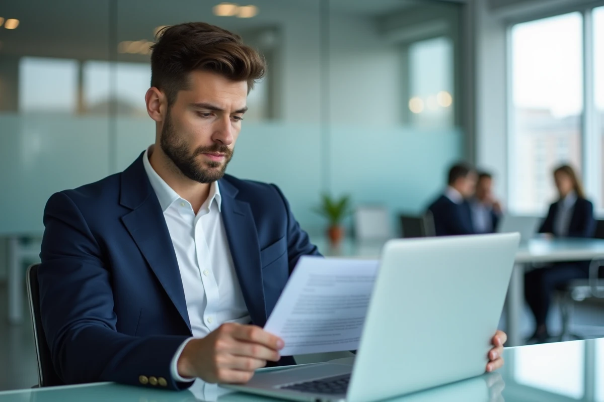 Homme en costume relu une lettre de résiliation dans un bureau professionnel moderne devant un ordinateur portable