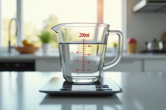 Verre mesureur rempli à 200 ml d'eau sur une balance moderne