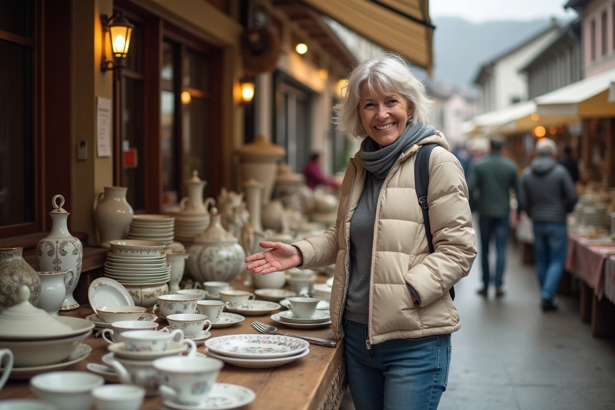 Femme souriante examine de la porcelaine vintage au vide grenier en Savoie