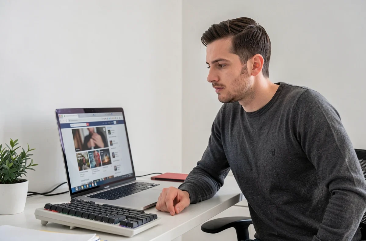 Homme visualisant des stories Instagram sans compte depuis un navigateur web sur son bureau à domicile