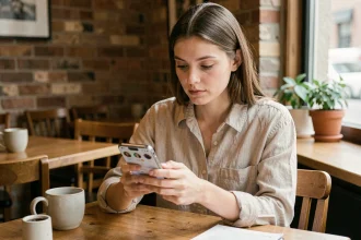 Jeune femme consultant des stories Instagram anonymement sur son smartphone dans un café urbain