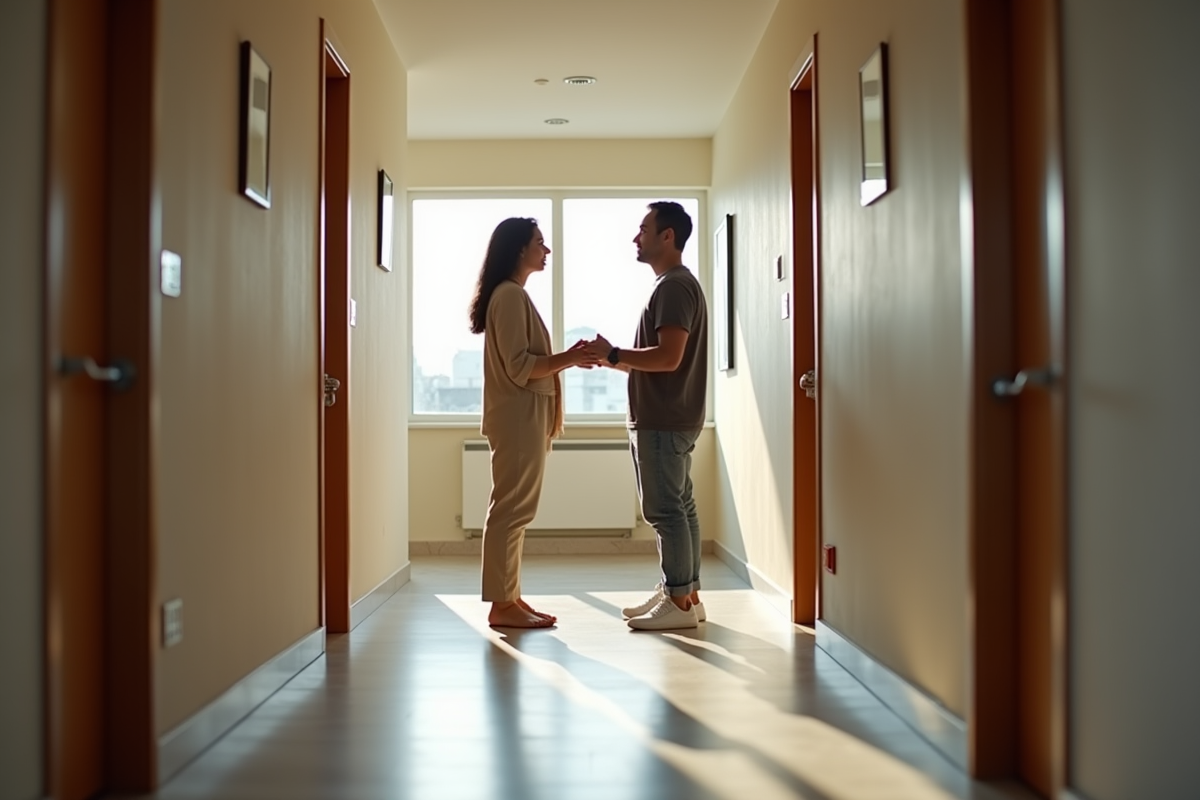 Voisins discutant dans un couloir lumineux d'un appartement moderne