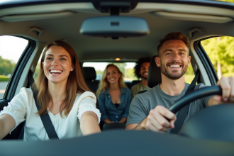 Quatre adultes souriants dans une voiture partagée écologique