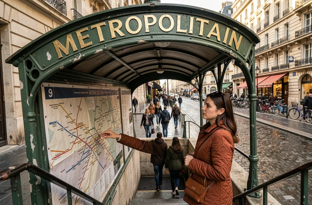 Voyageuse consultant un plan du réseau métro ligne 9 à l'entrée d'une station parisienne Art Nouveau