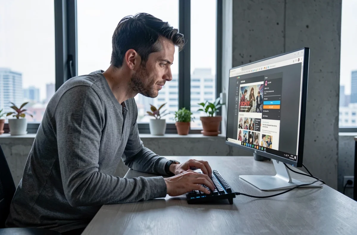 Homme utilisant un VPN pour sécuriser sa navigation sur un site de lecture de manga depuis son appartement moderne