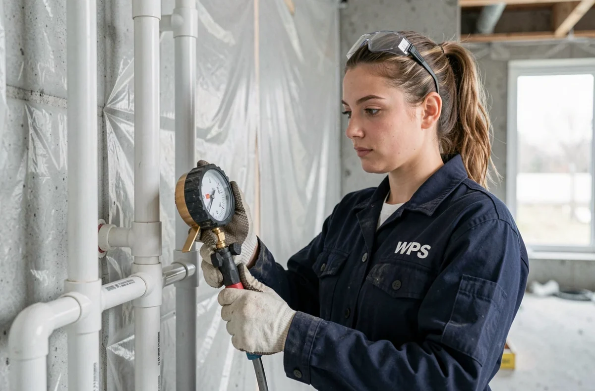 Plombière WPS effectuant un test de pression sur une installation sanitaire dans un chantier de rénovation à Annecy
