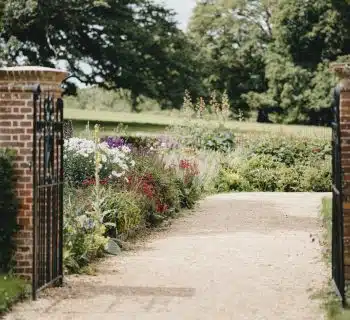 brown wooden gate near green grass and trees during daytime